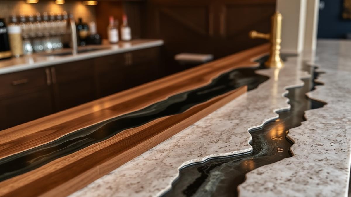 Finished home bar top in a basement man cave